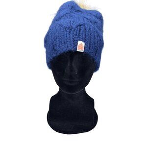 Hand-Knit Blue Merino Wool Beanie With Faux Fur Pom